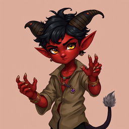 A tiefling boy with cherry-colored skin, long curling horns, golden eyes, pointed ears, and sharp features