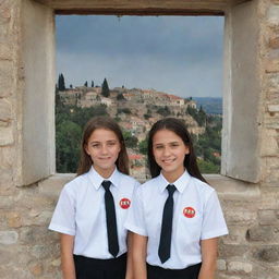 A petite window featuring a picturesque Lebanon village view. A boy and girl, both teenagers, stand in the foreground, donned in white shirts with black ties, a flame logo on the left pocket, and small rosary chaplets on the right arm of their shirts.