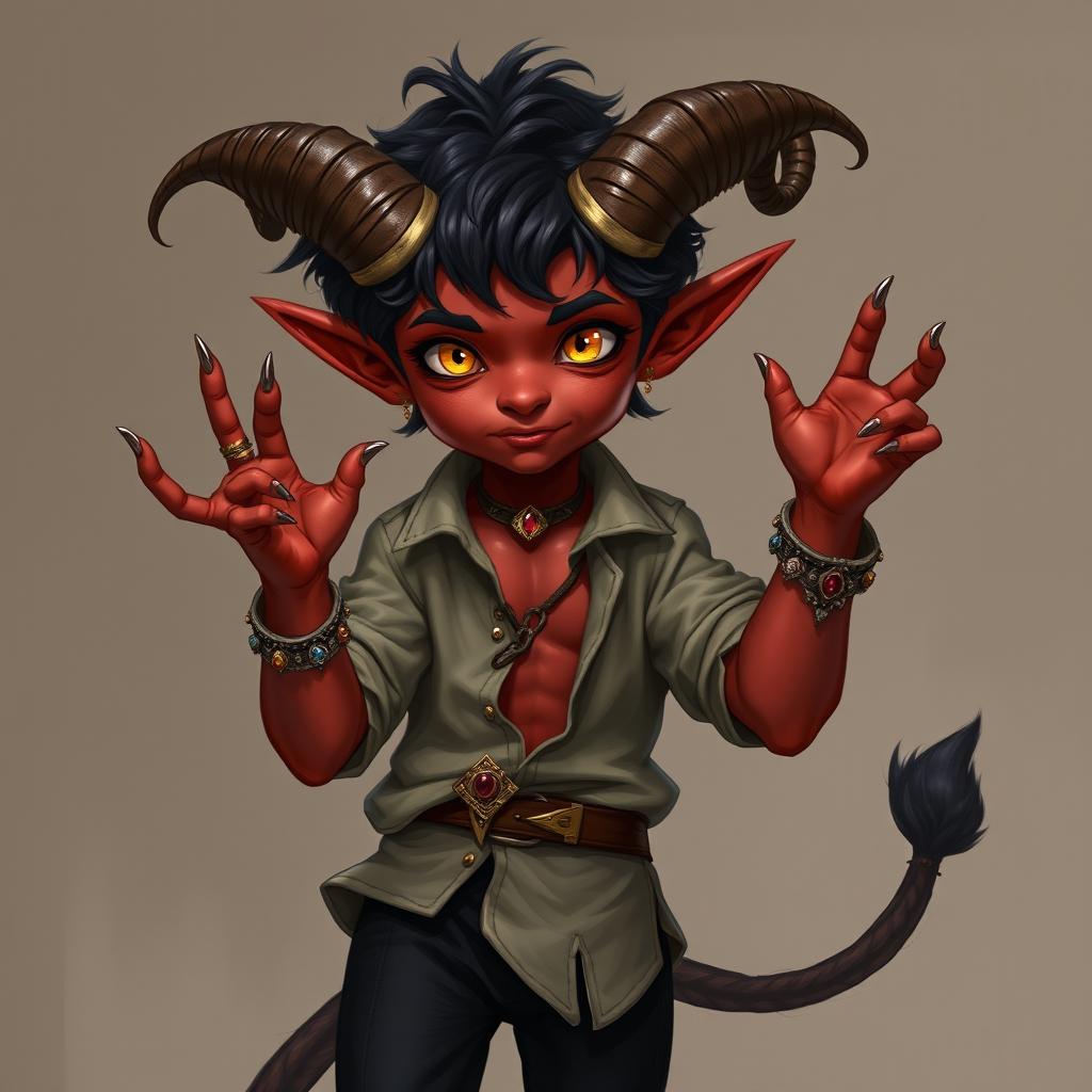 A tiefling boy with cherry-colored skin, long curling horns, golden eyes, pointed ears, and sharp features