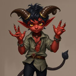 A tiefling boy with cherry-colored skin, long curling horns, golden eyes, pointed ears, and sharp features