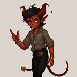 A tiefling boy with cherry-colored skin, long curling horns, golden eyes, pointed ears, and sharp features