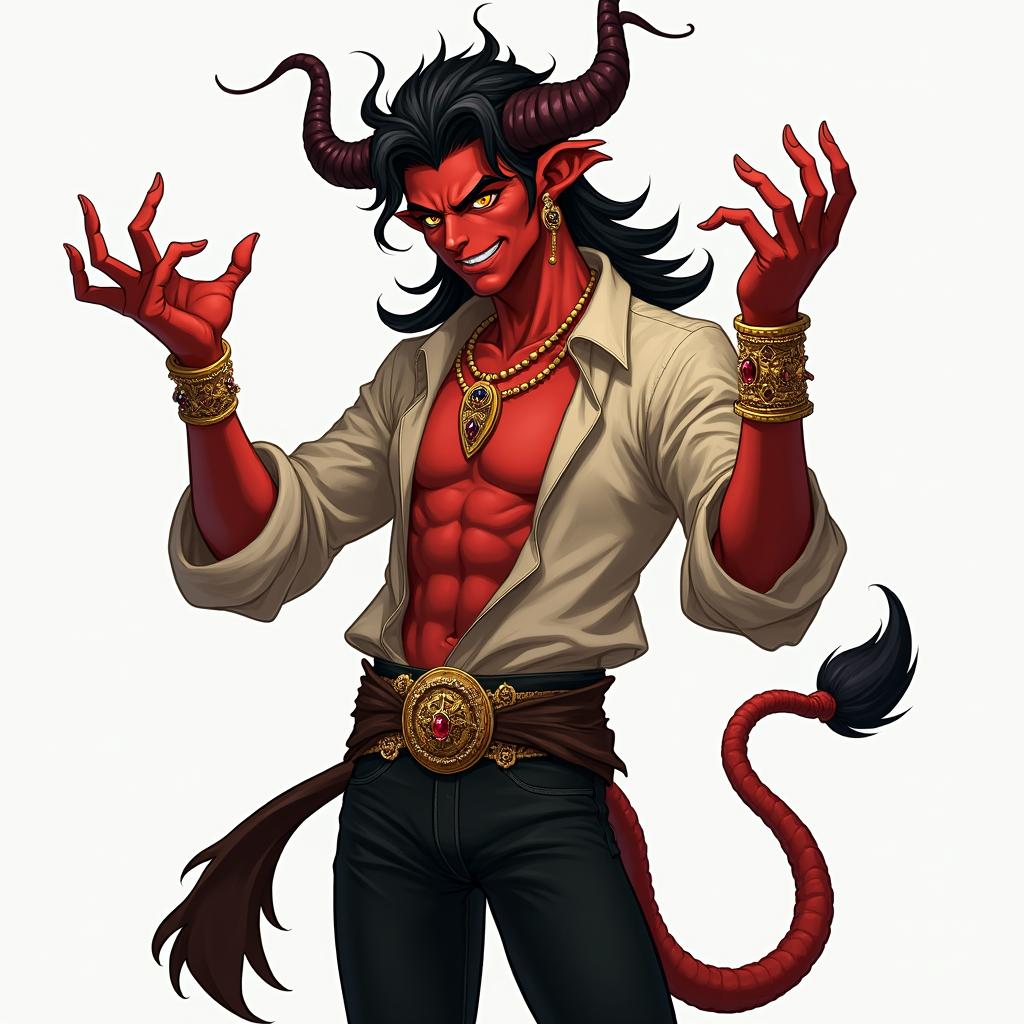 A male tiefling with cherry skin, long curling horns, golden eyes, and black curly hair