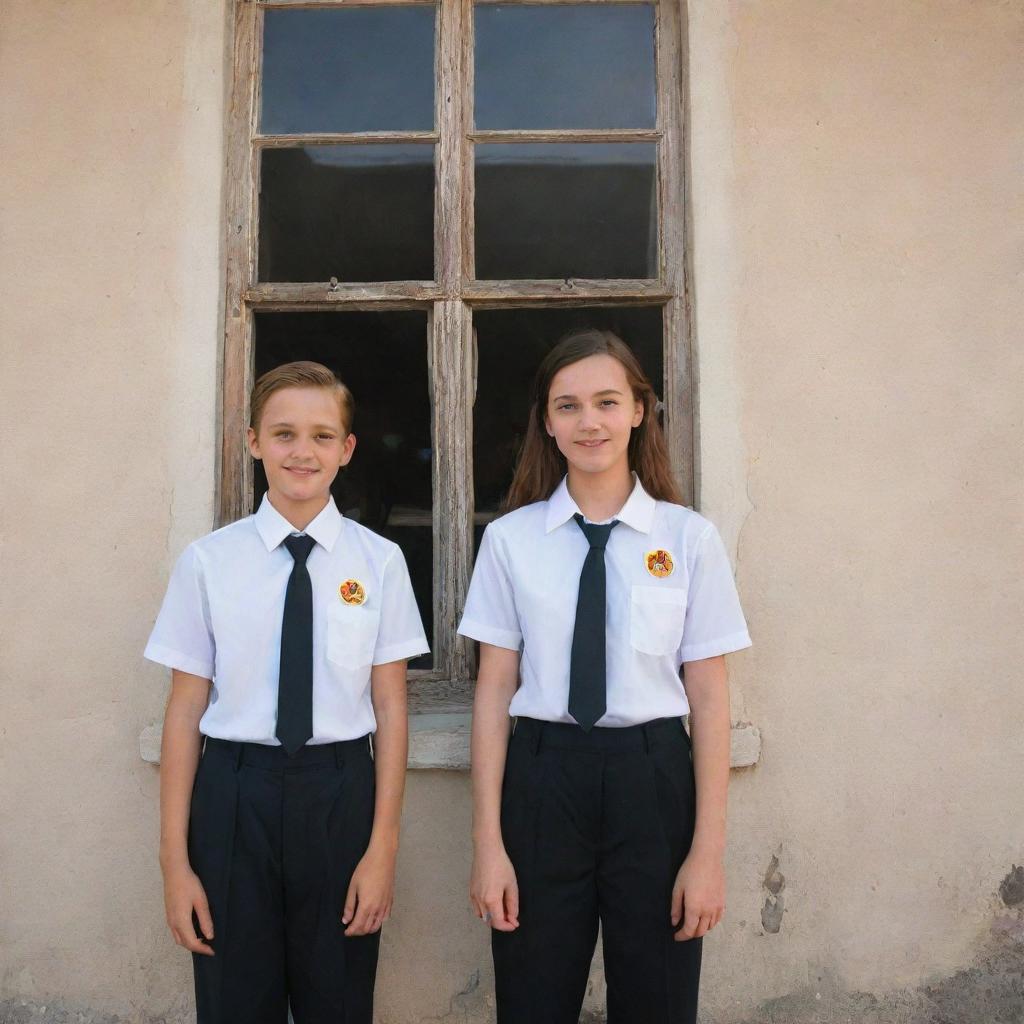 A petite window featuring a picturesque Lebanon village view. A boy and girl, both teenagers, stand in the foreground, donned in white shirts with black ties, a flame logo on the left pocket, and small rosary chaplets on the right arm of their shirts.
