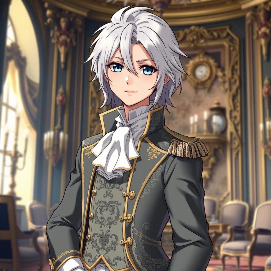 Create an anime character with silver hair, wearing the clothes of an aristocrat from the 18th century