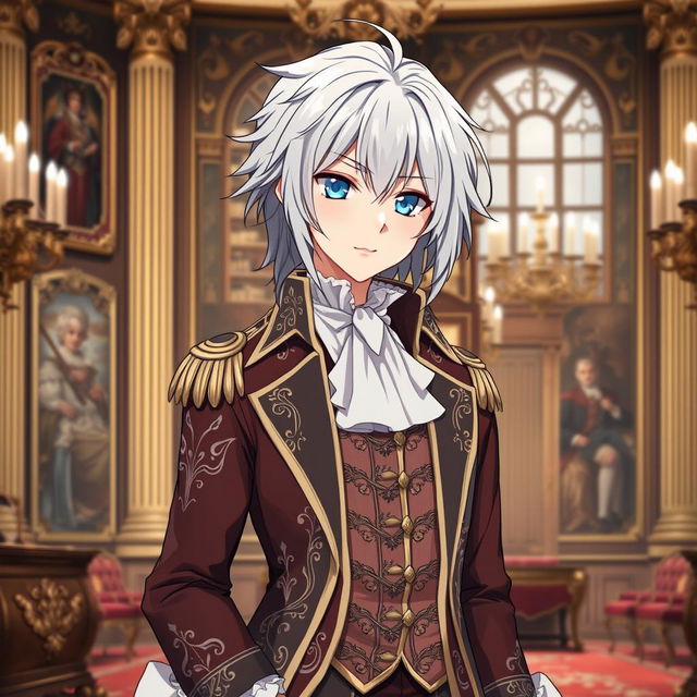 Create an anime character with silver hair, wearing the clothes of an aristocrat from the 18th century