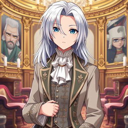 Create an anime character with silver hair, wearing the clothes of an aristocrat from the 18th century