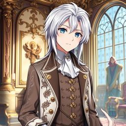 Create an anime character with silver hair, wearing the clothes of an aristocrat from the 18th century