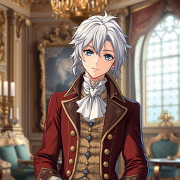 Create an anime character with silver hair, aged 20, wearing the clothes of an aristocrat from the 18th century