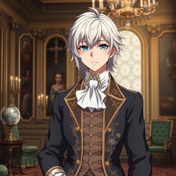 Create an anime character with silver hair, aged 20, wearing the clothes of an aristocrat from the 18th century