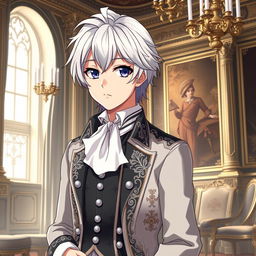 Create an anime character with silver hair, aged 20, wearing the clothes of an aristocrat from the 18th century