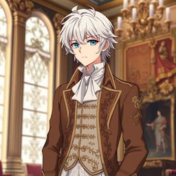 Create an anime character with silver hair, aged 20, wearing the clothes of an aristocrat from the 18th century