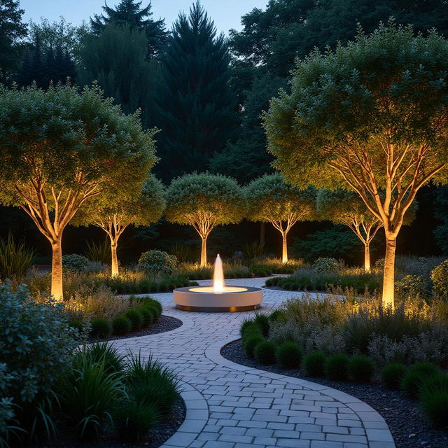 Un jardín decorado con la marca Apple, con flores vibrantes, una fuente central con el logotipo de Apple, luces LED, y elementos de diseño moderno y minimalista