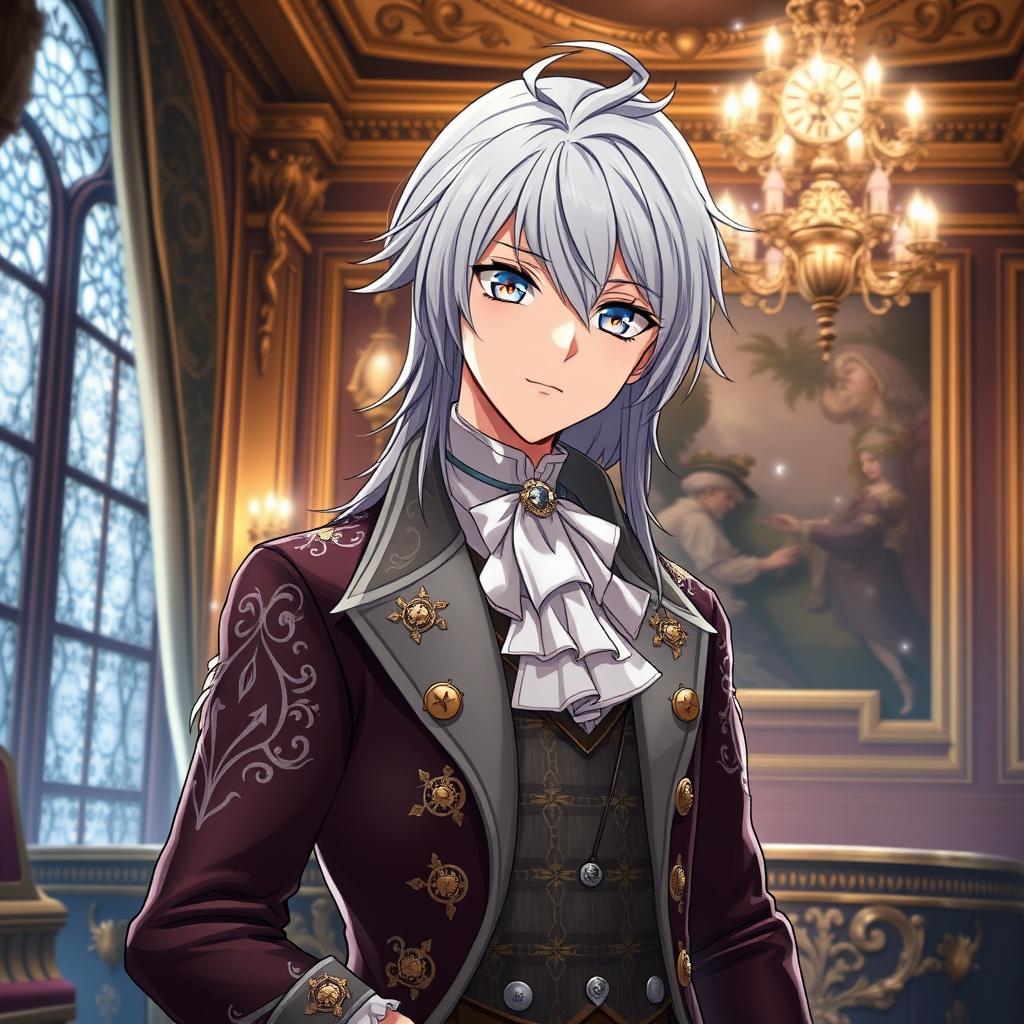 Create an anime character with silver hair, aged 20, wearing the clothes of an aristocrat from the 18th century