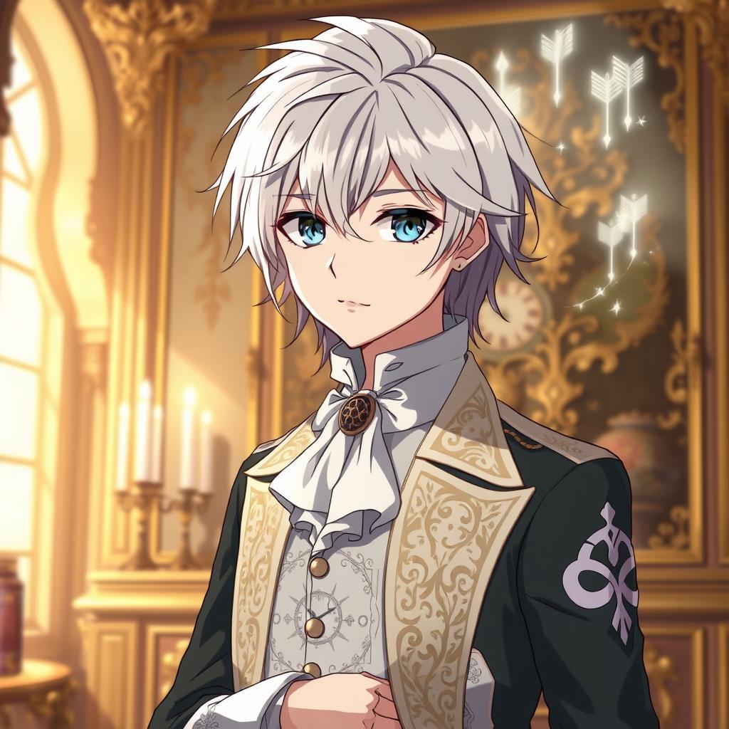 Create an anime character with silver hair, aged 20, wearing the clothes of an aristocrat from the 18th century