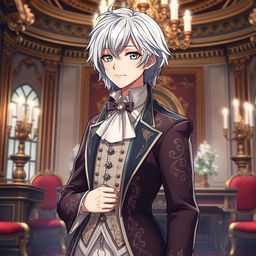 Create an anime character with silver hair, aged 20, wearing the clothes of an aristocrat from the 18th century