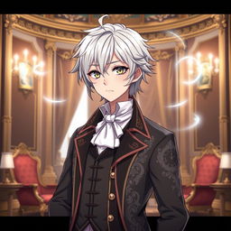 Create an anime character with silver hair, aged 20, wearing the clothes of an aristocrat from the 18th century