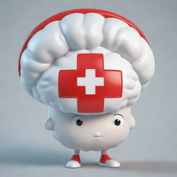 A detailed illustration of a cartoon brain wearing a white nurse cap with a red cross sign on it