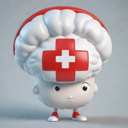 A detailed illustration of a cartoon brain wearing a white nurse cap with a red cross sign on it