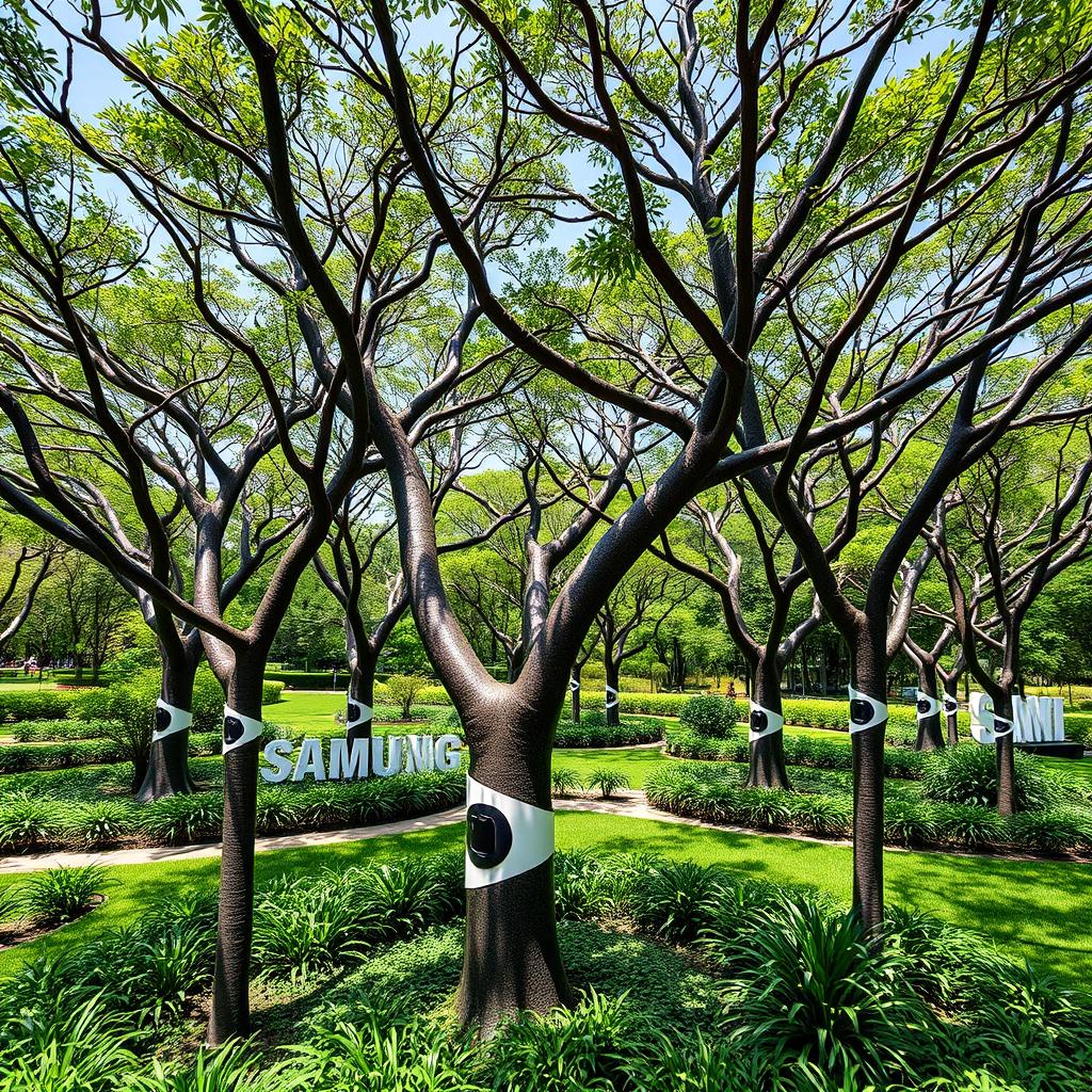 A beautifully decorated park featuring trees uniquely designed with the Samsung brand