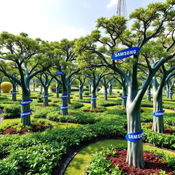 A beautifully decorated park featuring trees uniquely designed with the Samsung brand