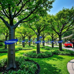 A beautifully decorated park featuring trees uniquely designed with the Samsung brand