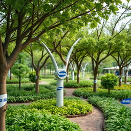 A beautifully decorated park featuring trees uniquely designed with the Samsung brand