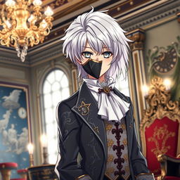 Create an anime character with silver hair, aged 20, wearing the clothes of an aristocrat from the 18th century