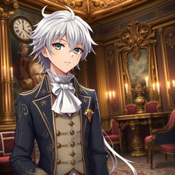 Create an anime character with silver hair, aged 20, wearing the clothes of an aristocrat from the 18th century