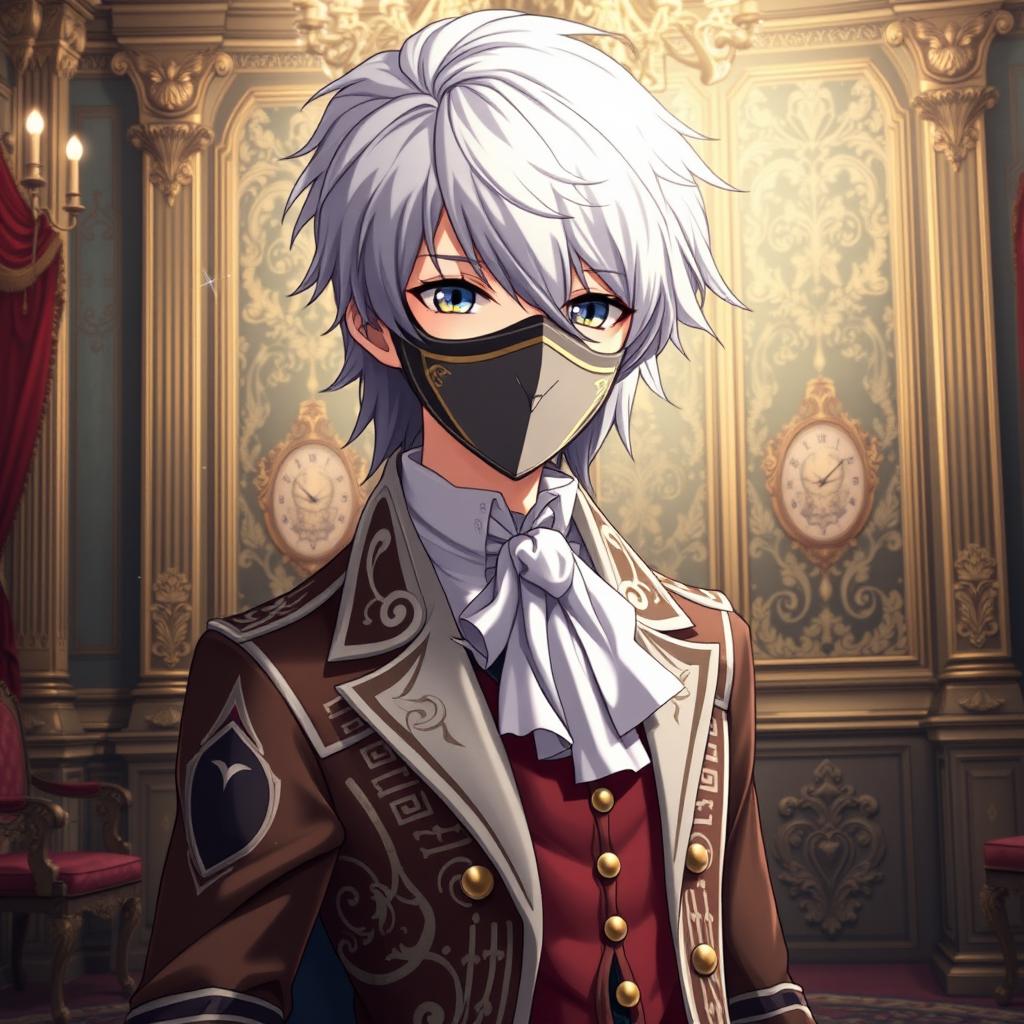 Create an anime character with silver hair, aged 20, wearing the clothes of an aristocrat from the 18th century