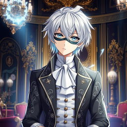 Create an anime character with silver hair, aged 20, wearing the clothes of an aristocrat from the 18th century