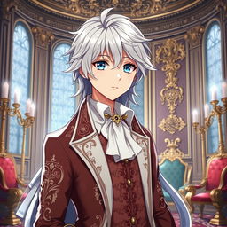 Create an anime character with silver hair, aged 20, wearing the clothes of an aristocrat from the 18th century