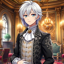 Create an anime character with silver hair, aged 20, wearing the clothes of an aristocrat from the 18th century