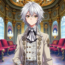 Create an anime character with silver hair, aged 20, wearing the clothes of an aristocrat from the 18th century