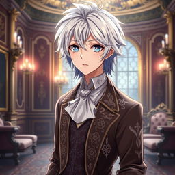 Create an anime character with silver hair, aged 20, wearing the clothes of an aristocrat from the 18th century