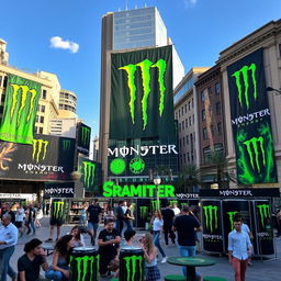 A lively public square decorated with Monster Energy branding