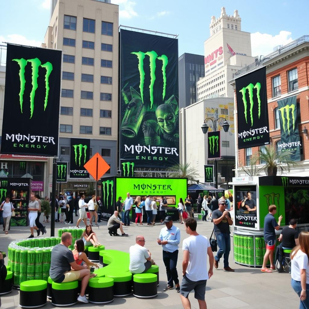 A lively public square decorated with Monster Energy branding