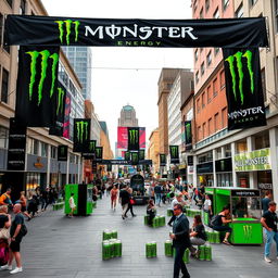 A lively public square decorated with Monster Energy branding