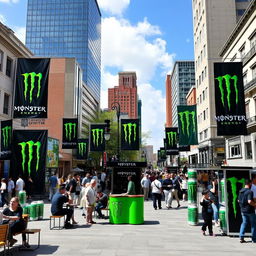 A lively public square decorated with Monster Energy branding