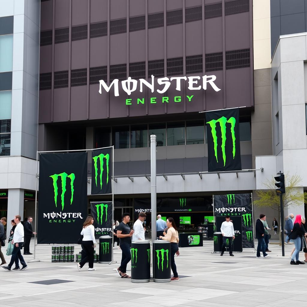 A simple public square decorated with Monster Energy branding