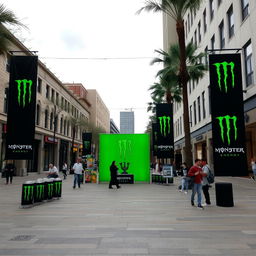 A simple public square decorated with Monster Energy branding