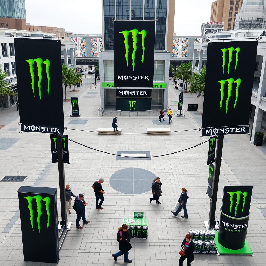 A simple public square decorated with Monster Energy branding