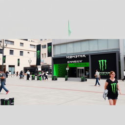 A simple public square decorated with Monster Energy branding