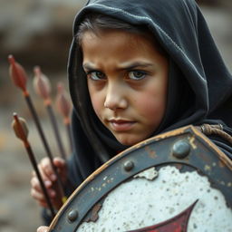 A young girl wearing a hijab is protecting herself with an old shield