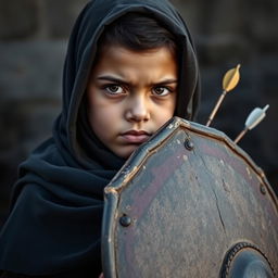 A young girl wearing a hijab is protecting herself with an old shield