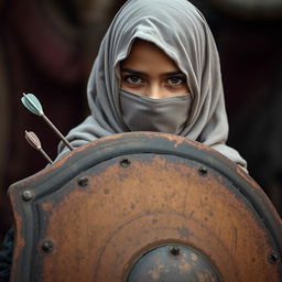 A young girl wearing a hijab is protecting herself with an old shield