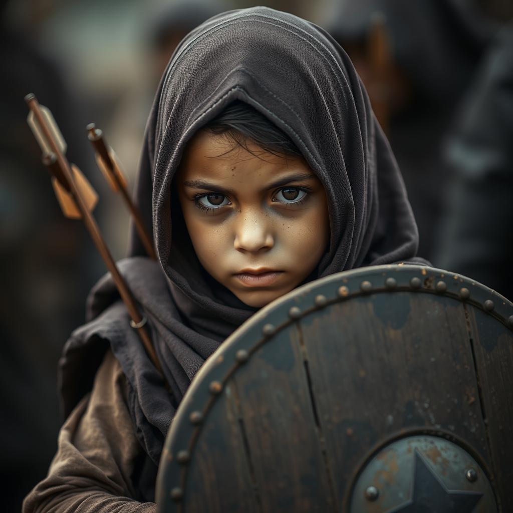 A young girl wearing a hijab is protecting herself with an old shield