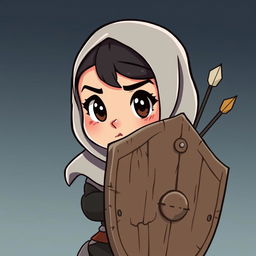 A cartoon girl wearing a hijab is protecting herself with an old shield