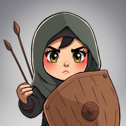 A cartoon girl wearing a hijab is protecting herself with an old shield