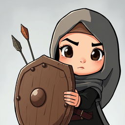 A cartoon girl wearing a hijab is protecting herself with an old shield