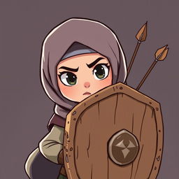 A cartoon girl wearing a hijab is protecting herself with an old shield